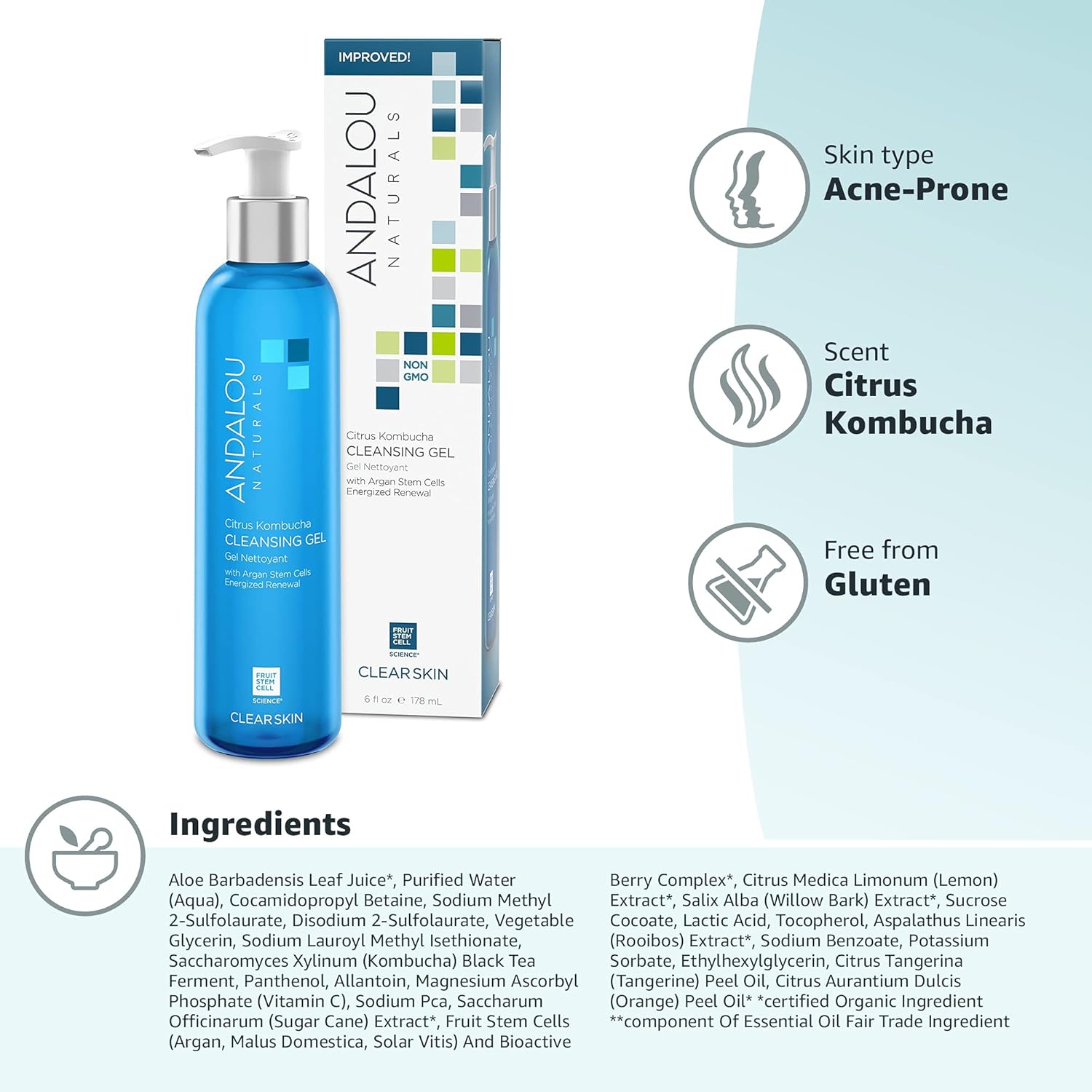 Andalou Naturals Cleansing Gel Citrus Kombucha, 6 OZ.